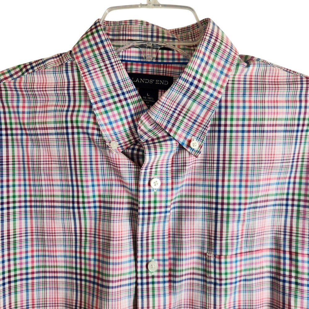 Lands End Mens Plaid Button Down Shirt Traditional Fit Size Large L Pink Preppy